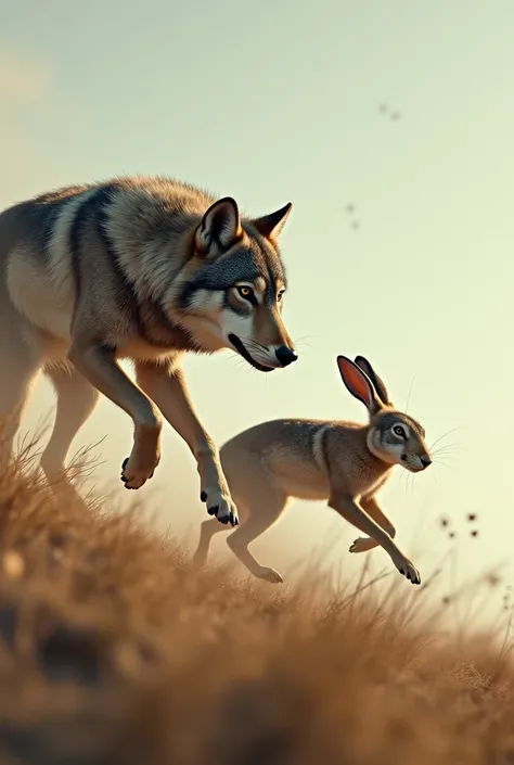 A wolf chases a hare，The wolf is in the upper left corner of the picture，The hare is in the lower right corner of the picture，The two are far apart，The proportion in the picture is very small。