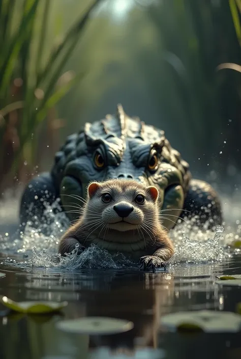 Crying otter being chased by an alligator 