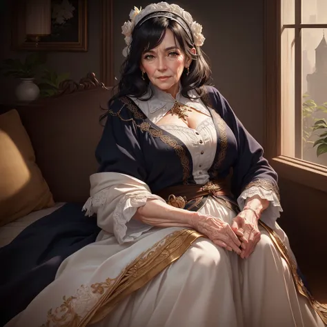 ((elderly women)) (facial wrinkles), , full body character full body portrait, detailed character art, (black hair with white streaks of hair), masterpiece, best quality, (extremely detailed CG unity 8k wallpaper), (best quality), (best illustration), 