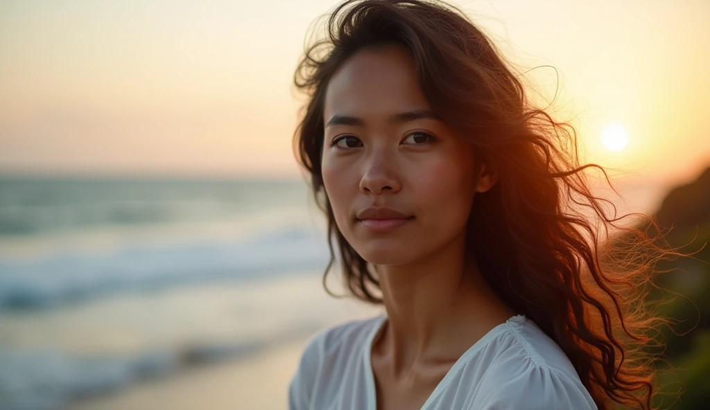 A 29s woman with dark brown wavy hair in close-up, wearing a simple white blouse and casual jeans. Her skin has a warm tan, and her dark brown eyes reflect a deep sense of purpose and care. She looks thoughtfully out at the ocean, her expression calm and r...