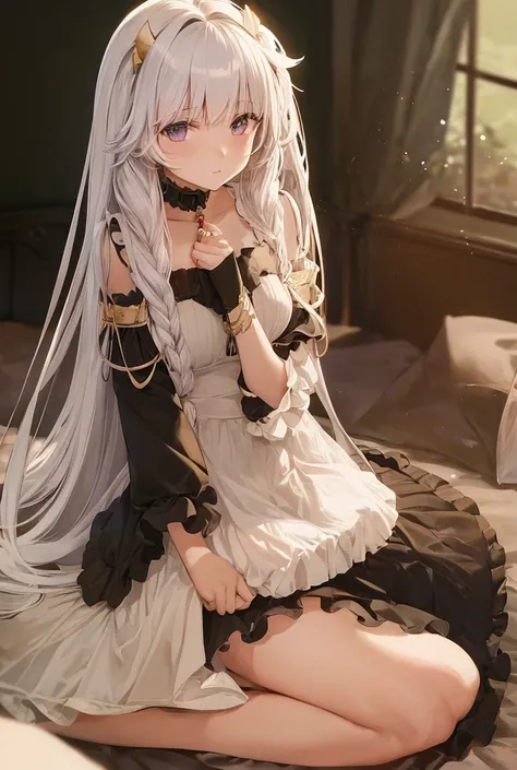 Long-haired anime girl sitting on bed, cat ears, from the girl front, cute anime waifu wearing beautiful clothes, seductive anime girl, white-haired deity, exquisite details.  in dress, anime 4k  