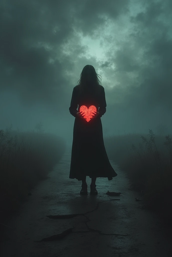 "A dark, emotional scene representing the feeling of deep love and heartbreak. A person stands alone in a storm, their face shadowed in sorrow, holding a heart that is cracked but still glowing with a soft light. The background features a broken path behin...