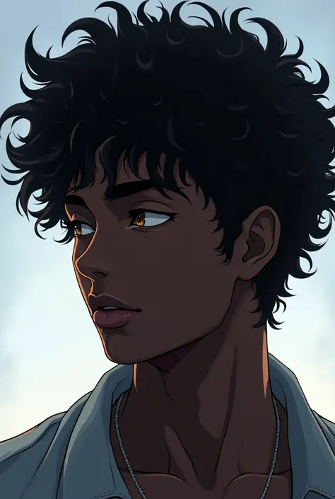 negro, curly hair, anime style,beautiful,high,      thin,man,Black skin,anime