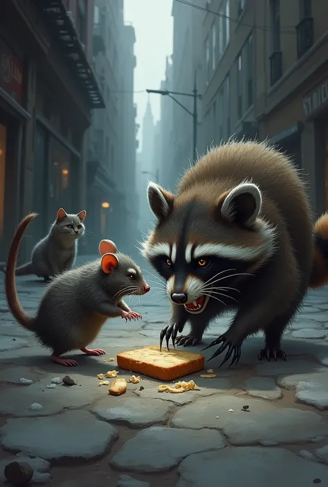 A rat fighting a raccoon over a piece of bread on a cold street while a cat watches the fight