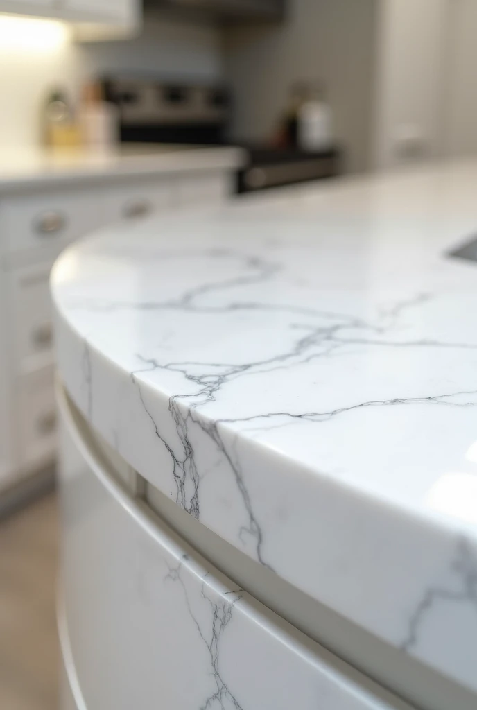 Beautiful white marble kitchen bar seen close up and from the side