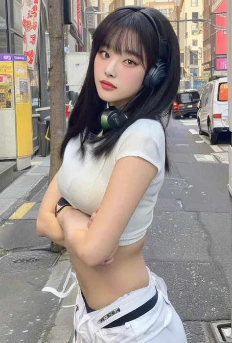 arafed asian woman with headphones standing on the street and golden green eyes, korean girl, anime girl in real life, taken in ...