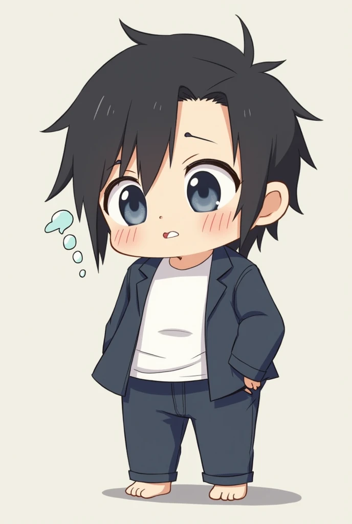 male,Chubby,One person,Black Hair, Asymmetrical bangs, Parting the bangs,Blue Eyes,Droopy eyes,White T-shirt,Navy blue suit,cool,Defaults,Illness,Confused eyes,Distributor,Chibi Character,Illustration effect for posters and magazines, Character Design, Dig...