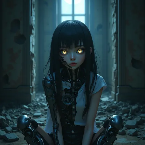 a partially constructed mechanical girl with her face cracked revealing internal mechanisms, sitting in a ruined castle. Moonlight pours in through a broken window, casting an eerie glow. She looks up sadly, your eyes reflecting a mixture of sadness and lo...