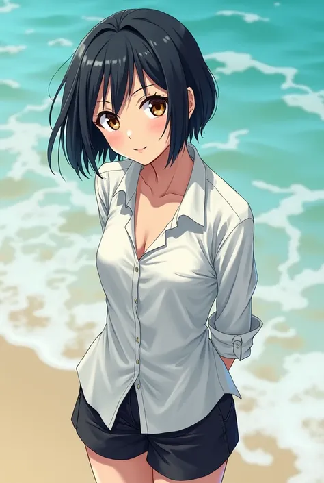 Ryunosuke Akutagawa of 1, high, female with very short hair as black as night with some white strands, bright brown eyes, She has small breasts and wears a white shirt and black shorts. Her clothes are wet in the background of the beach, anime version.
