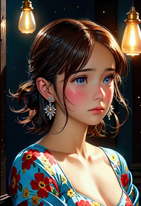 Very cute girl、1、Short Hair、Natural Makeup、hairpin、Earrings、Brown Hair、Messy Hair、Blue background、Upper Body、(Bust up photo:1.7)、Eyes focus、Floral dress、Sad look、Tears、(8k、RAW Photos、Best Quality、masterpiece:1.2)、(Realistic、Realistic:1.3)、、The depth of the...