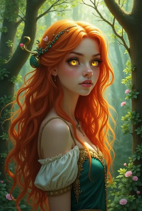 A princess with yellow eyes ,orange hair in the forest another angle