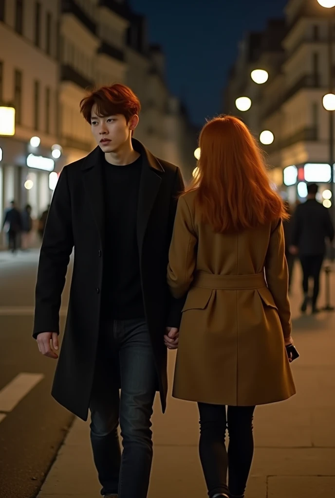 dispatch photo in low quality of a couple walking by hand in paris. the boy is a head taller than the girl and she has long red ginger hair. korean actor nam joohyuk. collage of different perspectives they have been seen from far away. you can only see his...