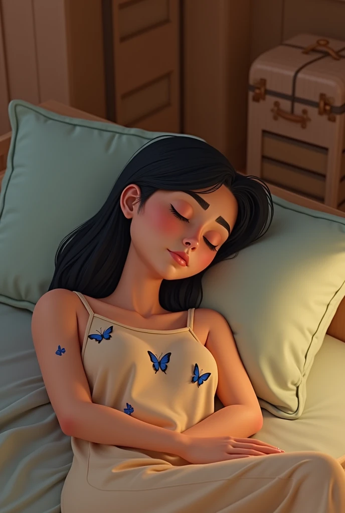 Woman in her late 20’s, very long straight black hair, wearing beige with blue butterflies 🦋 print shorts and t shirts, sleeping in bed at cruise ship bedroom. Luggage in the background. Pixar