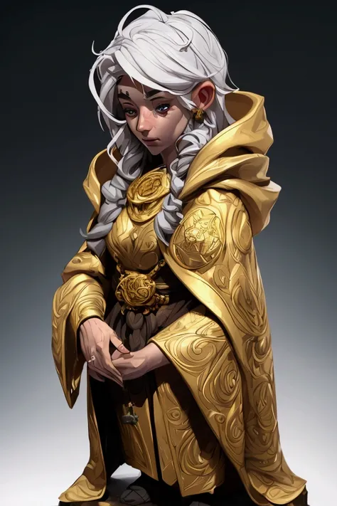 a short woman with white hair holding a spell book, wearing religious robes and a golden hooded cloak with a scales symbol, realistic, octane render, highly detailed, intricate details, beautifully lit, dramatic lighting, cinematic, striking pose, photorea...