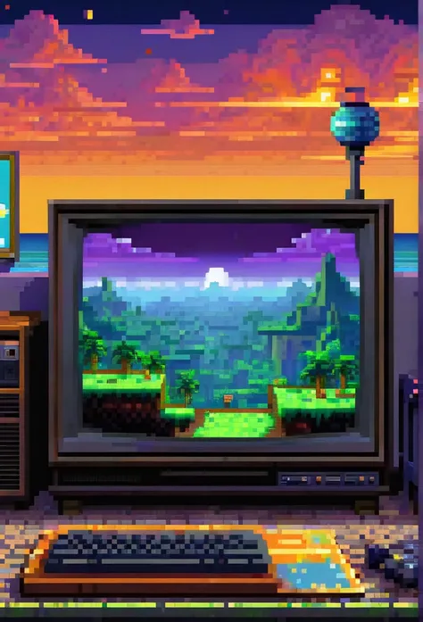 Close-up of an old TV screen, sixteen-bit graphics like on a console, on the screen is a beautiful dark pixel game world, TV is a portal, beautiful mystical atmosphere, high quality, high detail, pixel art, living pixel world, first person view,  256 color...