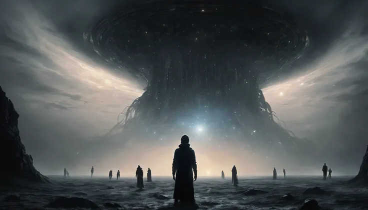 A dramatic depiction of humans embracing fear, shown through visuals of humans surrounded by dark, unknown cosmic entities, facing them head-on. The humans stand tall, unafraid, illuminated by a faint light, while alien observers in the background watch in...