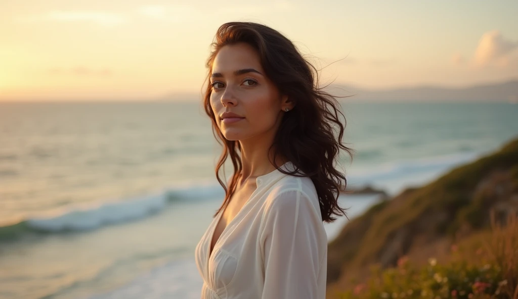 A 29s woman with dark brown wavy hair in close-up, wearing a simple white blouse and casual jeans. Her skin has a warm tan, and her dark brown eyes reflect a deep sense of purpose and care. She looks thoughtfully out at the ocean, her expression calm and r...