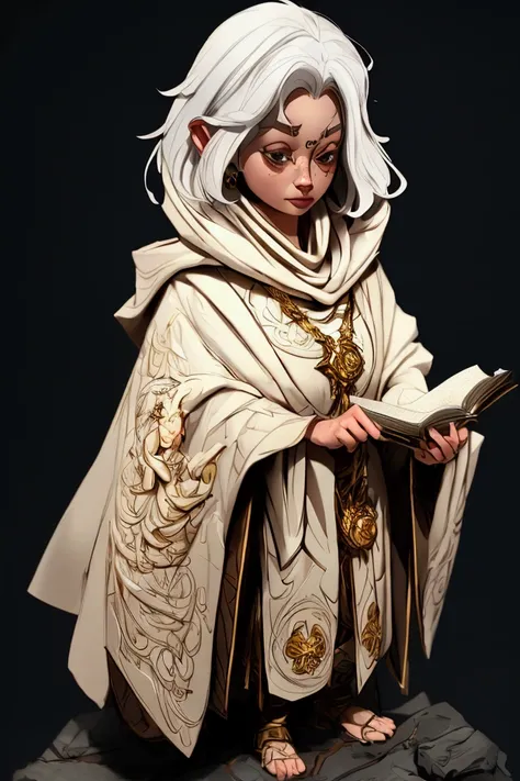 a short woman with white hair holding a spell book, wearing religious robes and a golden hooded cloak with a scales symbol, , octane render,  intricate details, beautifully lit, dramatic lighting, cinematic, striking pose, 8k, masterpiece, full body 