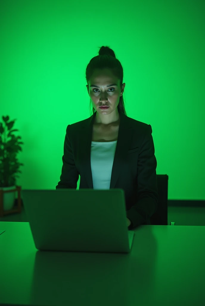 fake news woman in an office using her notebook green background