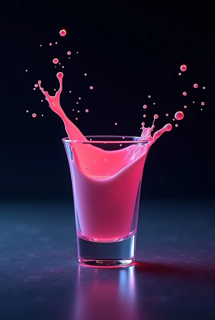 Realistic front drawing of small curvy shot glass that is cold and with moving liquid splashing out of it in fluorescent color. Dark background and indirect light.