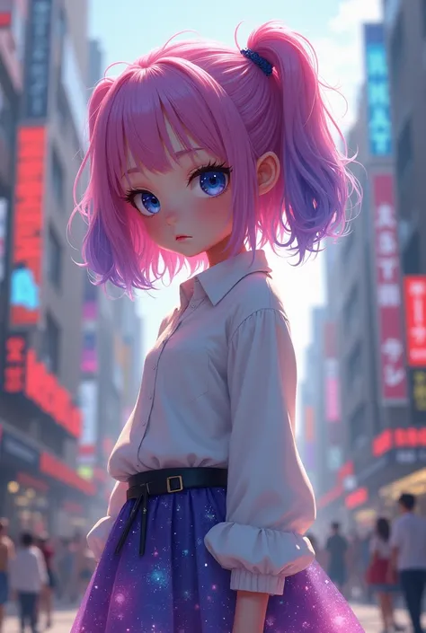 A teenage girl with half pink, half purple hair and blue eyes wearing a white shirt with a flared skirt with a galaxy pattern, white skin, thin and small breasted, background a busy city 