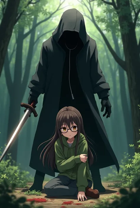  anime girl with brown hair and brown eyes wearing rectangle glasses and a green hoodie sitting on the forest floor, there is a little bit of blood coming fron her mouth, there is a man with a black hood on, the man is standing in front of her holding a sw...