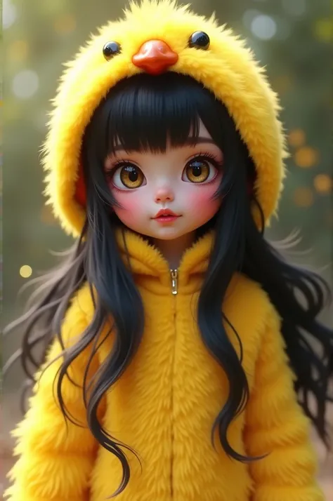 Furry girl in a yellow chick costume with long black hair, super big light brown eyes, a beautiful pretty face with a red mouth 