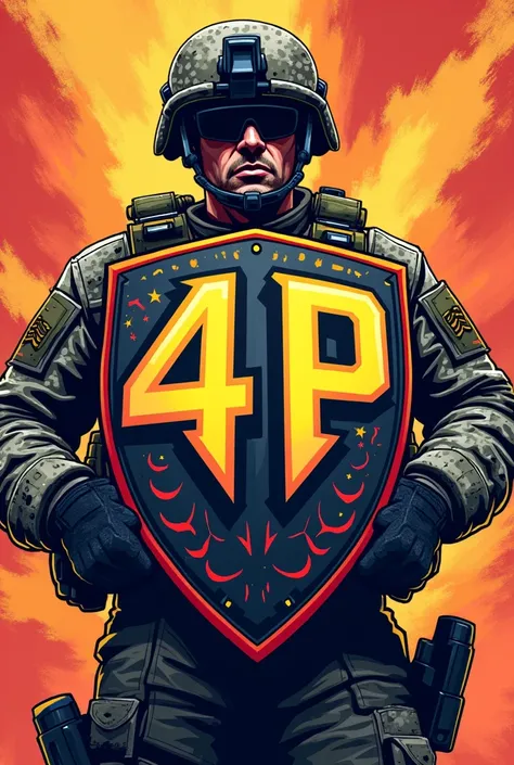 Make a shield with the name 4P and an army soldier in the image but don&#39;t make it realistic, make a shield similar to a team