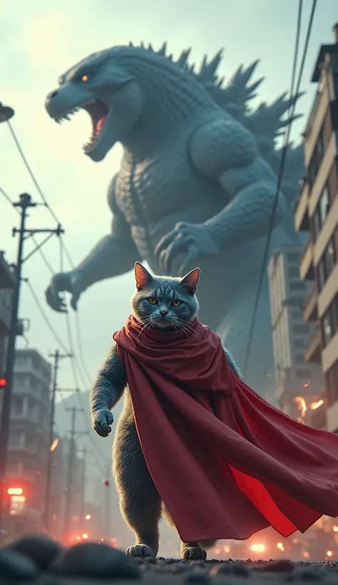 Super warrior gray Cat as a hero,  flowing red cape uses Tokyos sirens to disorient to 100 meter long Godzilla moster.. 3d style