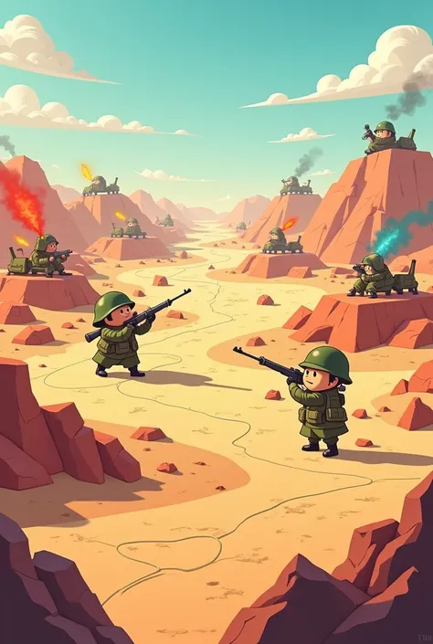 Create a somewhat colorful 3D cartoon style flat war scenario