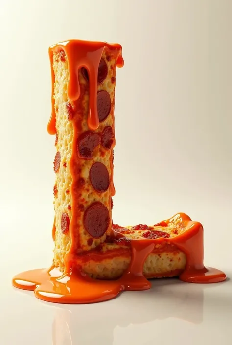 Pizza in the shape of the letter L dripping like chocolate 