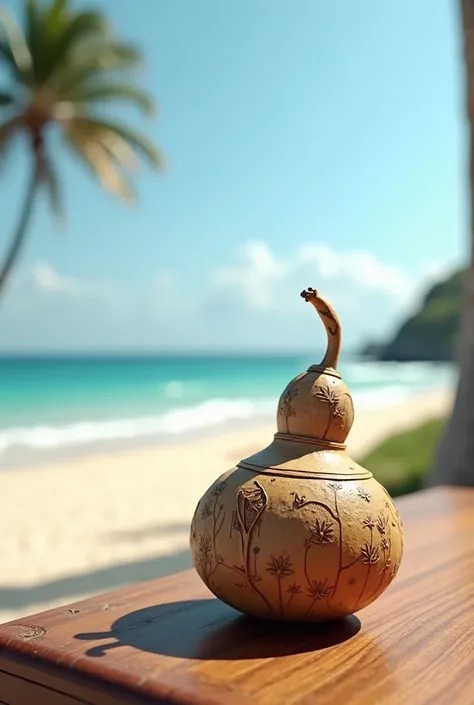 Table seen from close up with a mate on top and a beach background