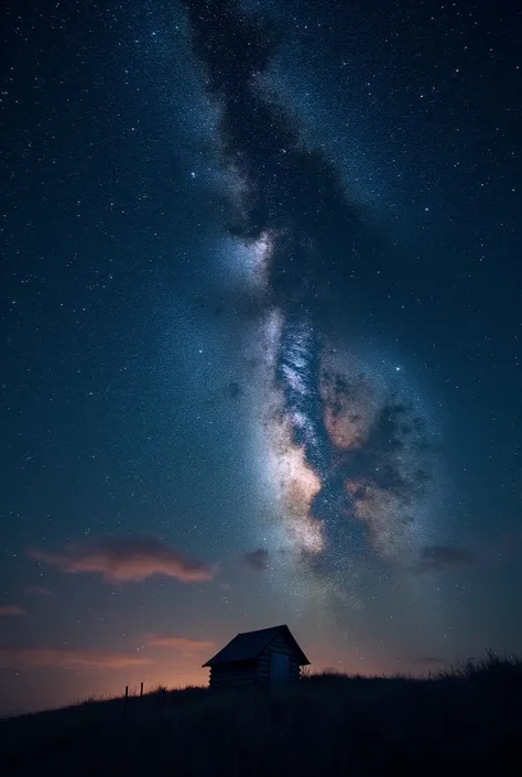 Milky way galaxy mind blowing picture , with many stars shining , a picture different from before, a sky full os stars from the view of a wooden hut house, main focus should be the sky, hut should be very small ,night time, increase brightness of stars