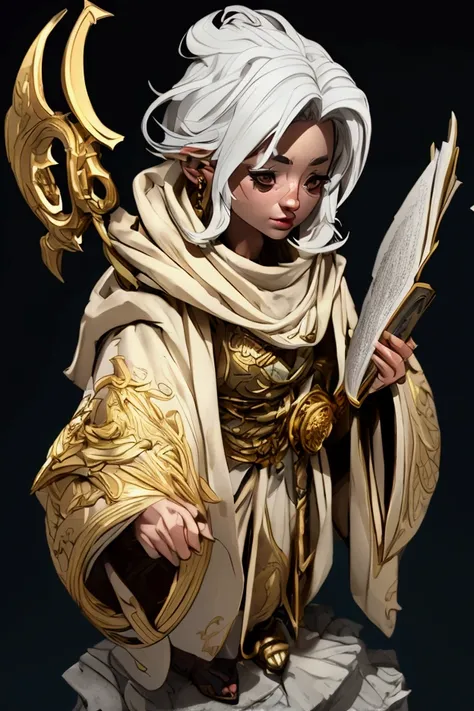 a short woman with white hair holding a spell book, wearing religious robes and a golden hooded cloak with a scales symbol, , octane render,  intricate details, beautifully lit, dramatic lighting, cinematic, striking pose, full body 