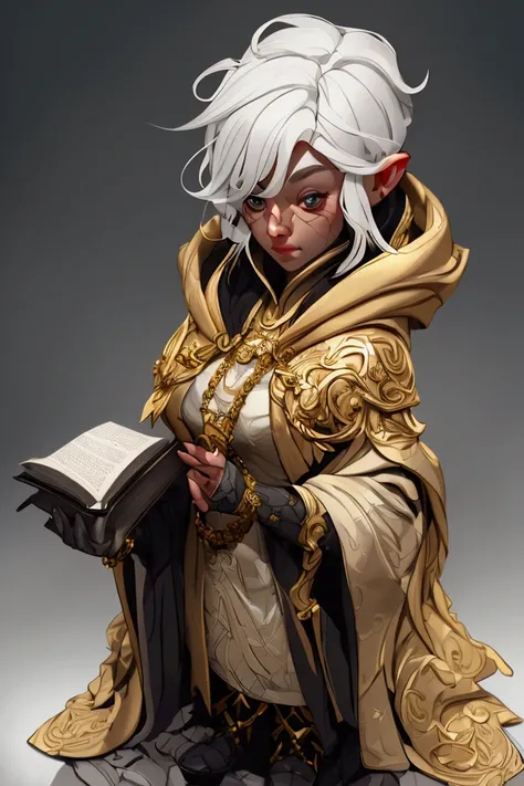 a short woman with white hair holding a spell book, wearing religious robes and a golden hooded cloak with a scales symbol, , octane render,  intricate details, beautifully lit, dramatic lighting, cinematic, striking pose, full body 