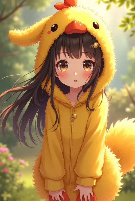 Anime girl with a furry yellow chick costume with long black hair and super big light brown eyes with a beautiful pretty face with a red mouth 