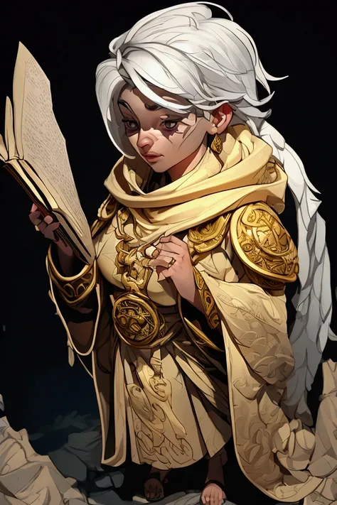 a short woman with white hair holding a spell book, wearing religious robes and a golden hooded cloak with a scales symbol, , octane render,  intricate details, beautifully lit, dramatic lighting, cinematic, striking pose, full body 