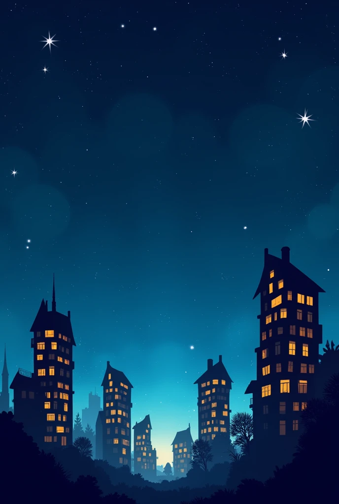 Sky at night, dark blue with some stars and tall buildings like in cartoons, no trees with lit windows in buildings 