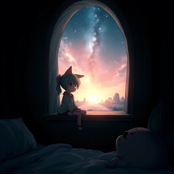 Anime girl with cat ears sitting on a shelf looking at the sky, Anime drawings inspired by Makoto Shinkai, Pixiv Trends, space art, Makoto Shinkai Cyril Roland, 4k anime wallpapers, 8K anime art wallpaper, anime art wallpaper 4k, 4k anime wallpaper, 4k ani...