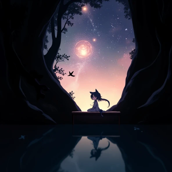 Anime girl with cat ears sitting on a shelf looking at the sky, Anime drawings inspired by Makoto Shinkai, Pixiv Trends, space art, Makoto Shinkai Cyril Roland, 4k anime wallpapers, 8K anime art wallpaper, anime art wallpaper 4k, 4k anime wallpaper, 4k ani...