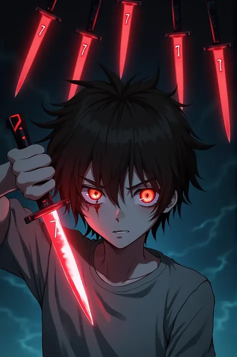 A anime boy with brown hair point a glowing knife at his face with a bleeding eye. With pale white skin and the other eye glowing red. The background being an void followed with glowing knifes above him with the number seven on their handle.