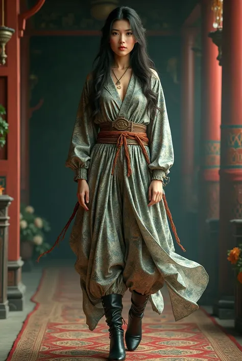 asian female cossack warrior, baggy harem pants, heavily pleated on harem pants, soft fabric silky harem pants, thin pleats on harem pants, allover grey green yellow paisley prints on harem pants, high boots, heels boots, long hair, 32 26 38 figure, lookin...