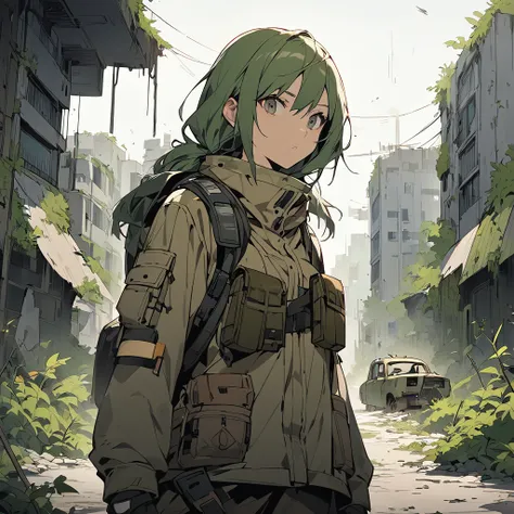 Drawing of a young adult woman in a post apocalyptic world. She wears survival clothes and equipment, has a hostile and determined expression due to the environment in which he lives. You are walking down a deserted street with abandoned cars covered in wi...