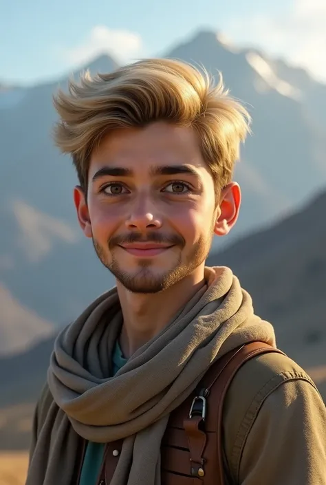 I wanna create a picture of very inocent person  with confident face it should seem like real not carton and person should be a boy and look like Pakistan with light Golden 
 hair and little  beard face and there should be mountain on backround and eyes co...