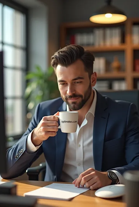 A man in an office on his seat having a cup of coffee, some smoke is coming of that cup, cup should be white in color with a caption of the optimisers.com written on it. Man is in the office and office furniture should be clearly seen
