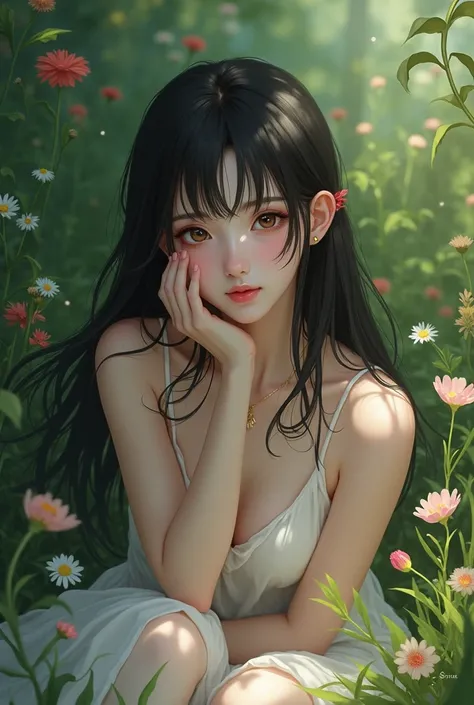 A thin, pale-skinned young woman, long black hair and light brown eyes, sitting in a garden