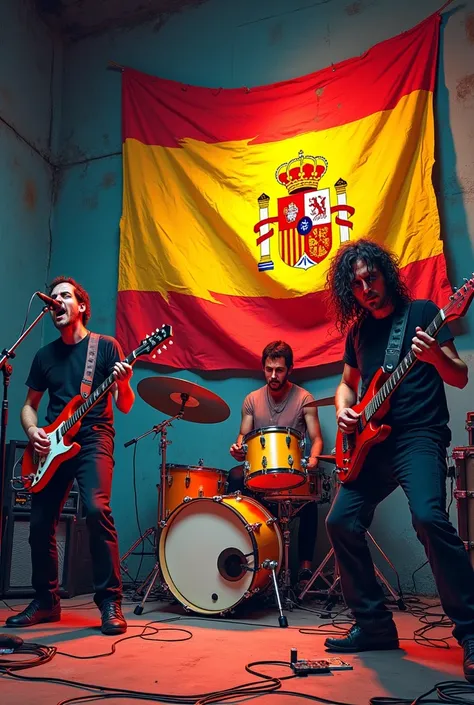 Anime image. a crumpled Spanish flag on the wall. A rock and roll group is in front playing music