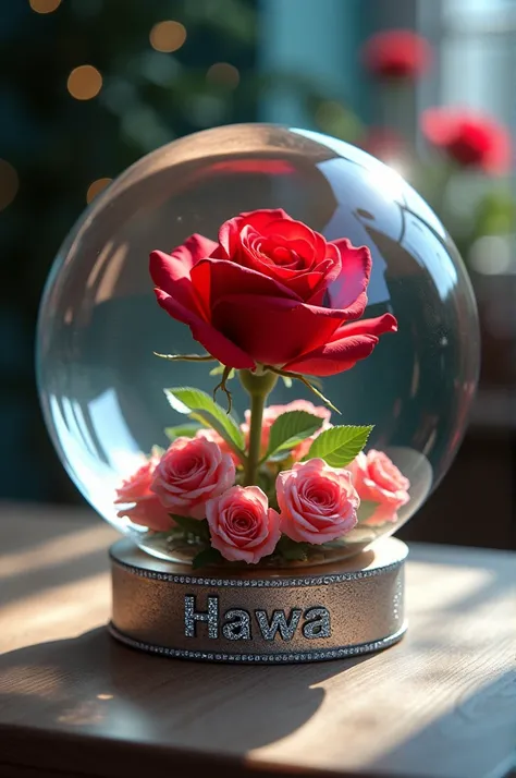 Une sphère de cristal avec une seule rose rouge à lintérieur, entourée de plus petites roses de différentes couleurs. Le nom "Hawa" est écrit en diamants étincelants sur la base de la sphère.