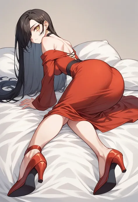 CinderFallRWBYXL, yellow eyes, black hair, long hair, hair over one eye, earrings, medium breasts, black choker, off shoulders, red dress, long sleeves, red high heels, on her hands and knees position, facing away from viewer, looking back over her shoulde...