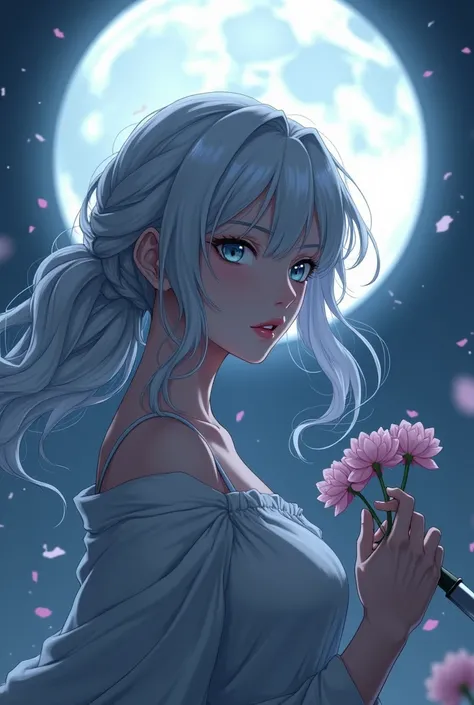 ((Anime)) Masterpiece Best Night Full Moon 1 Female Mature Female Elder Sister Yu Sister Cold Face Expressionless Silver White Long Hair Woman Light Pink Lips Calm Intellectual Three Bands Gray Eyes Assassin Short Knife, Flowers, Hand Details, Finger Detai...